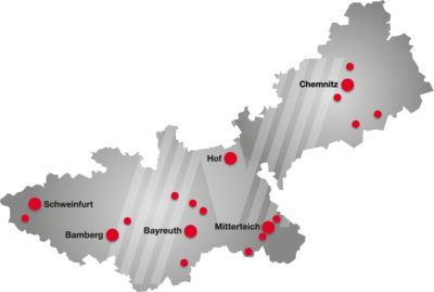 Eine Karte die Nordbayern und einen Teil von Sachsen mit allen Standorten von Motor-Nützel zeigt.