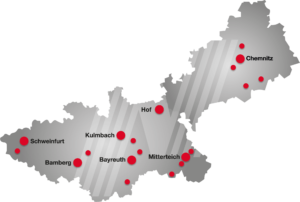 Landkarte von Nordbayern und Sachsen mit den 19 Standorten von Motor-Nützel